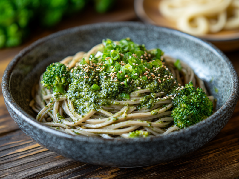 Soba-Nudeln mit Avocadopesto in einer schwarzen Schale. Angerichtet sind die Nudeln mit Brokkoli, frischen FrÃ¼hlingszwiebeln und SesamkÃ¶rnern