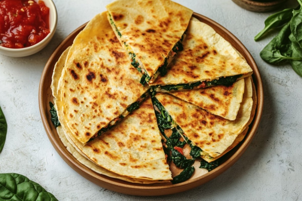 Vegane Spinat-Quesadillas in der Draufsicht auf einem Teller.