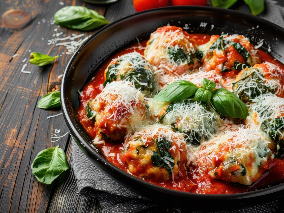 Auflaufform mit Spinat-Ricotta-Knödel in Tomatensoße