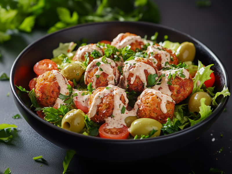 Knusprige SÃ¼ÃŸkartoffel-Falafel aus dem Airfryer auf einem gemischten Salat mit Oliven und Kirschtomaten. Sie sind mit einer cremigen SoÃŸe und frischer Petersilie garniert.