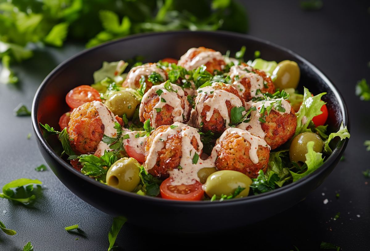 Knusprige Süßkartoffel-Falafel aus dem Airfryer auf einem gemischten Salat mit Oliven und Kirschtomaten. Sie sind mit einer cremigen Soße und frischer Petersilie garniert.