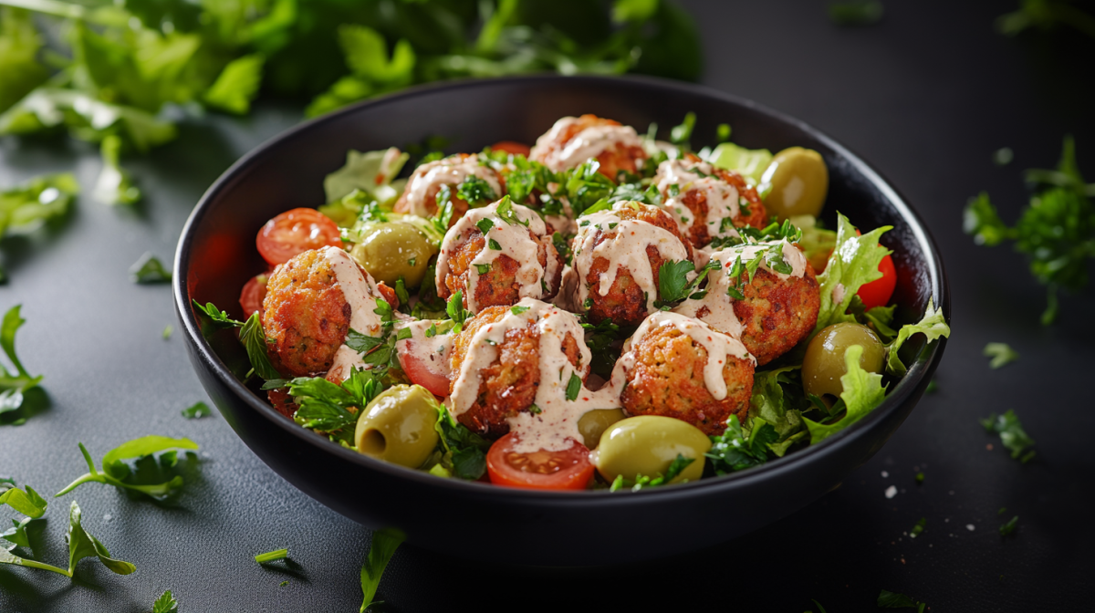 Knusprige Süßkartoffel-Falafel aus dem Airfryer auf einem gemischten Salat mit Oliven und Kirschtomaten. Sie sind mit einer cremigen Soße und frischer Petersilie garniert.