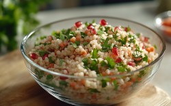 Eine Schüssel Taboulé mit Granartapfelkernen.