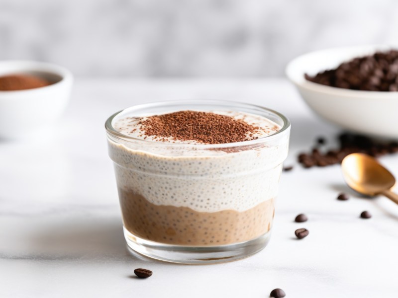 Eine Glasschale mit Tiramisu-Chia-Pudding, bestehend aus einer dunklen Kaffee-Schokoschicht und einer hellen Vanilleschicht steht auf einer marmornen ArbeitsflÃ¤che. Der Tiramisu-Chia-Pudding ist mit Kakaopulver bestreut. Im Hintergrund steht eine weiÃŸe Schale mit Kaffeebohnen und eine kleine Schale mit Kakaopulver. AuÃŸerdem sind ein paar Kaffeebohnen verstreut.