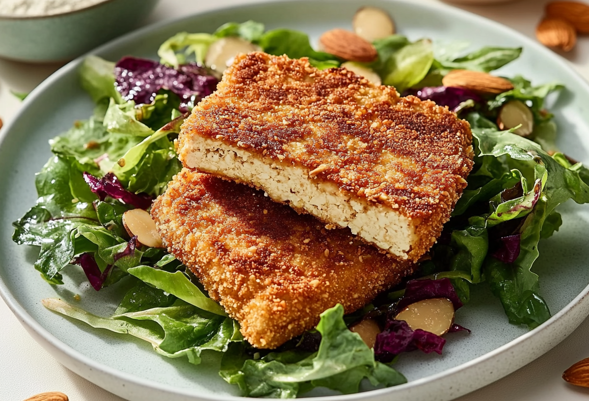 Zwei Tofuschnitzel mit Mandelkruste auf einem Teller mit Salat, Nahaufnahme.