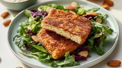 Zwei Tofuschnitzel mit Mandelkruste auf einem Teller mit Salat, Nahaufnahme.