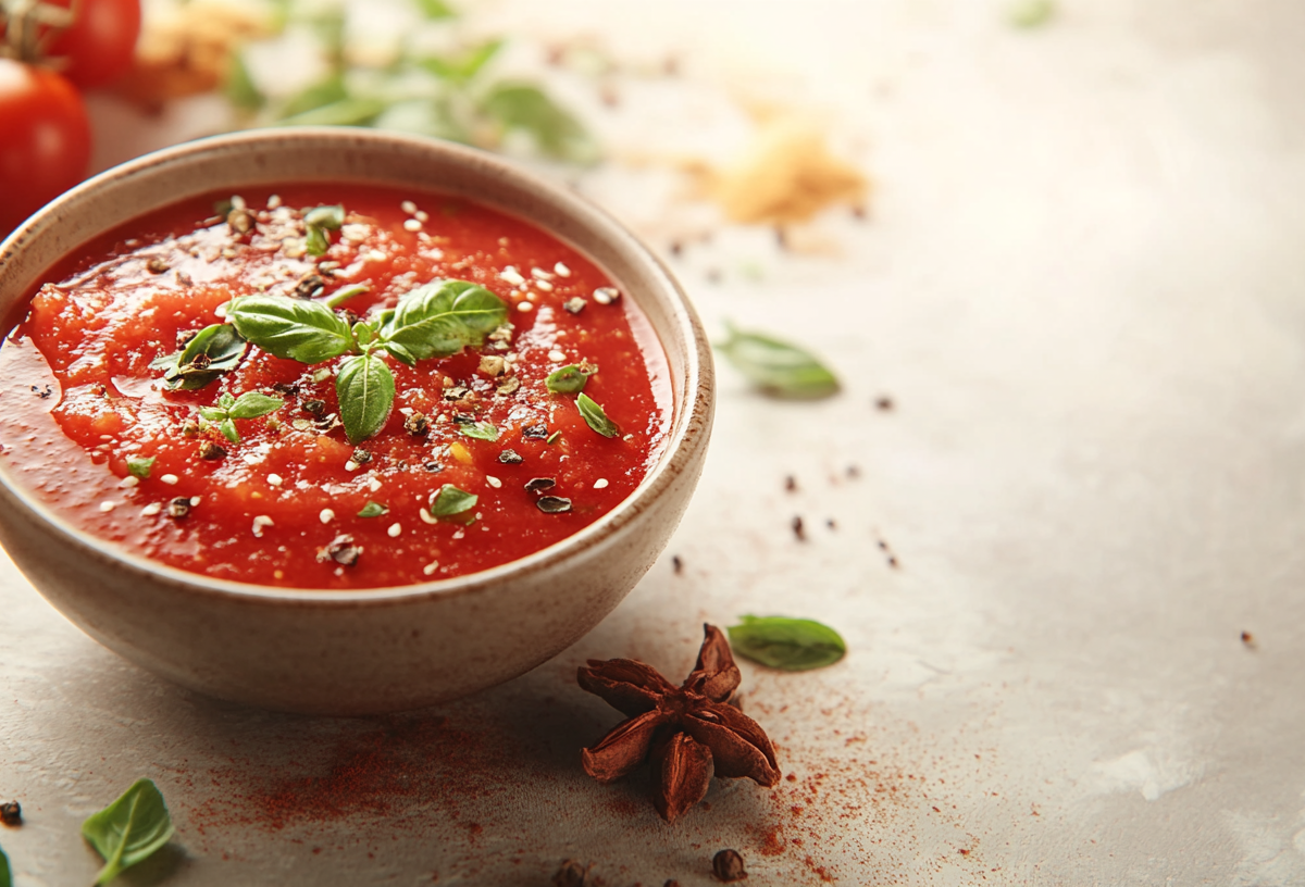 Eine kleine Schüssel Tomaten-Chutney, daneben Zutaten.