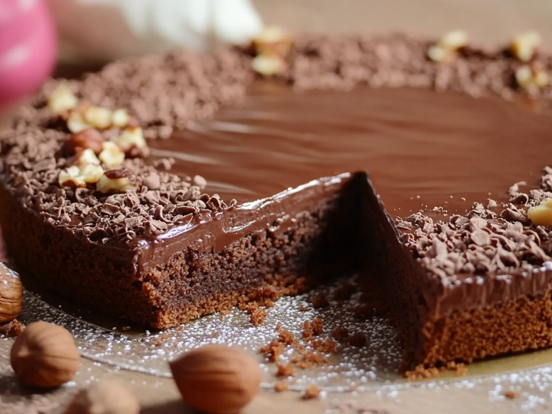 Torta Gianduia: italienischer Schoko-Haselnusskuchen, von dem ein StÃ¼ck entnommen wurde.