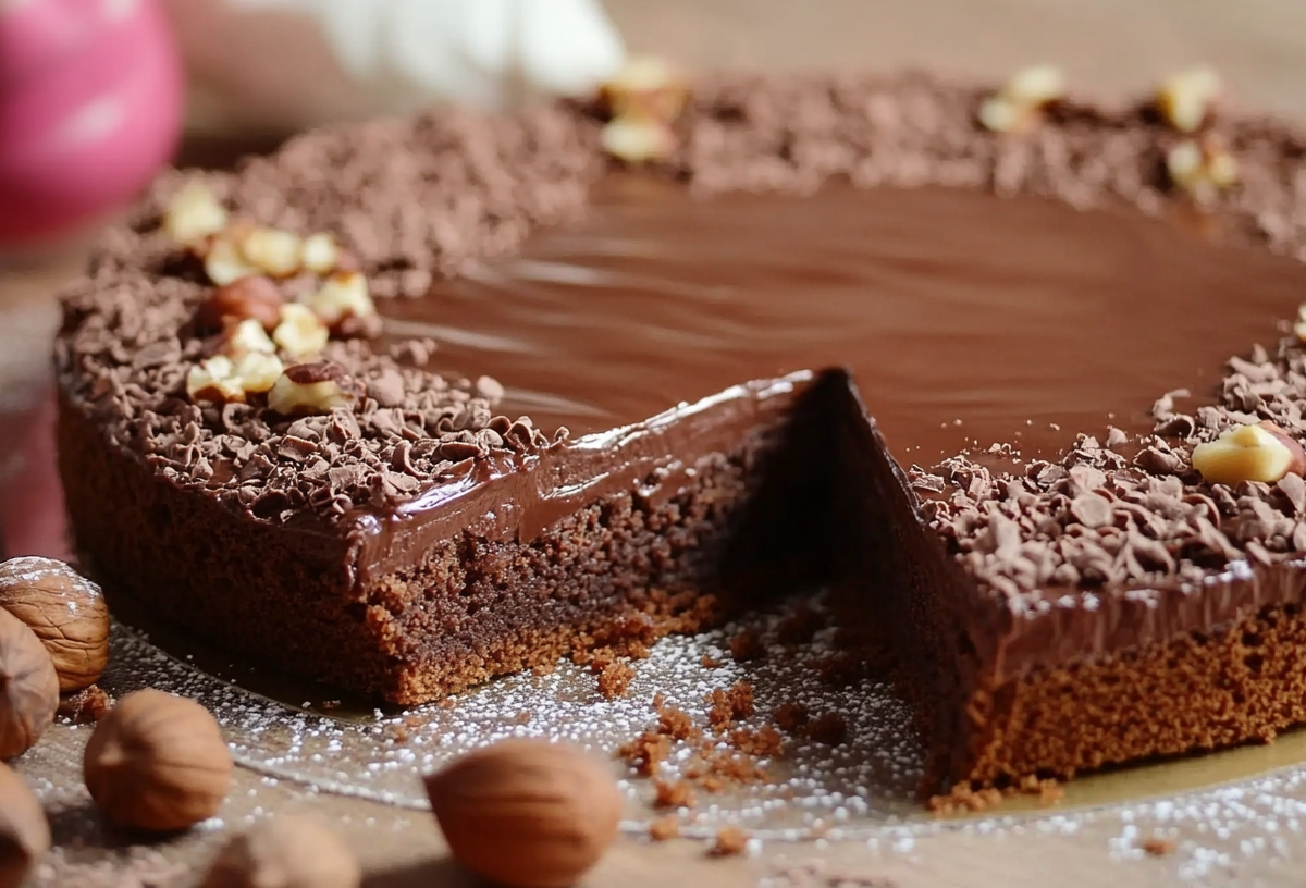 Torta Gianduia: italienischer Schoko-Haselnusskuchen, von dem ein StÃ¼ck entnommen wurde.