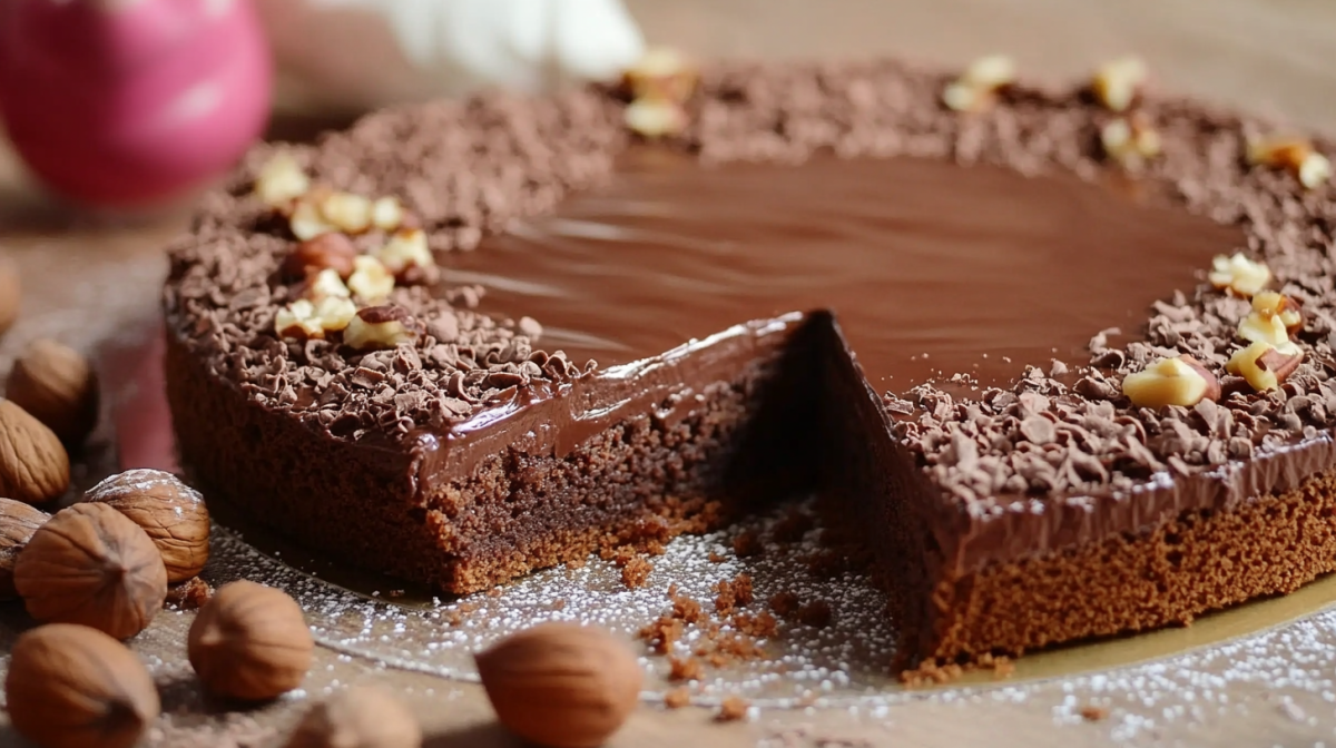 Torta Gianduia: italienischer Schoko-Haselnusskuchen, von dem ein StÃ¼ck entnommen wurde.