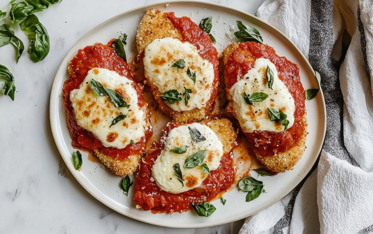 Ein Teller mit vier überbackenen Hähnchenschnitzel mit Tomate und Mozzarella. Garniert sind die überbackenen Hähnchenschnitzel mit frischem Basilikum. Der Teller steht auf einer hellen, marmornen Arbeitsplatte. Rechts vom Teller liegt ein weiß-schwarz gestreiftes Küchenhandtuch.