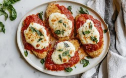 Ein Teller mit vier überbackenen Hähnchenschnitzel mit Tomate und Mozzarella. Garniert sind die überbackenen Hähnchenschnitzel mit frischem Basilikum. Der Teller steht auf einer hellen, marmornen Arbeitsplatte. Rechts vom Teller liegt ein weiß-schwarz gestreiftes Küchenhandtuch.