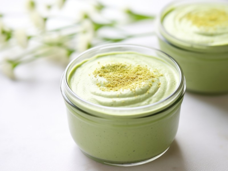 Ein kleines Dessertglas mit veganer Matcha-WeiÃŸe-Schokolade-Mousse getoppt mit etwas Matcha-Pulver. In Hintergrund sind verschwommen ein weiteres befÃ¼lltes Dessertglas sowie einige Pflanzenstiele erkennbar.