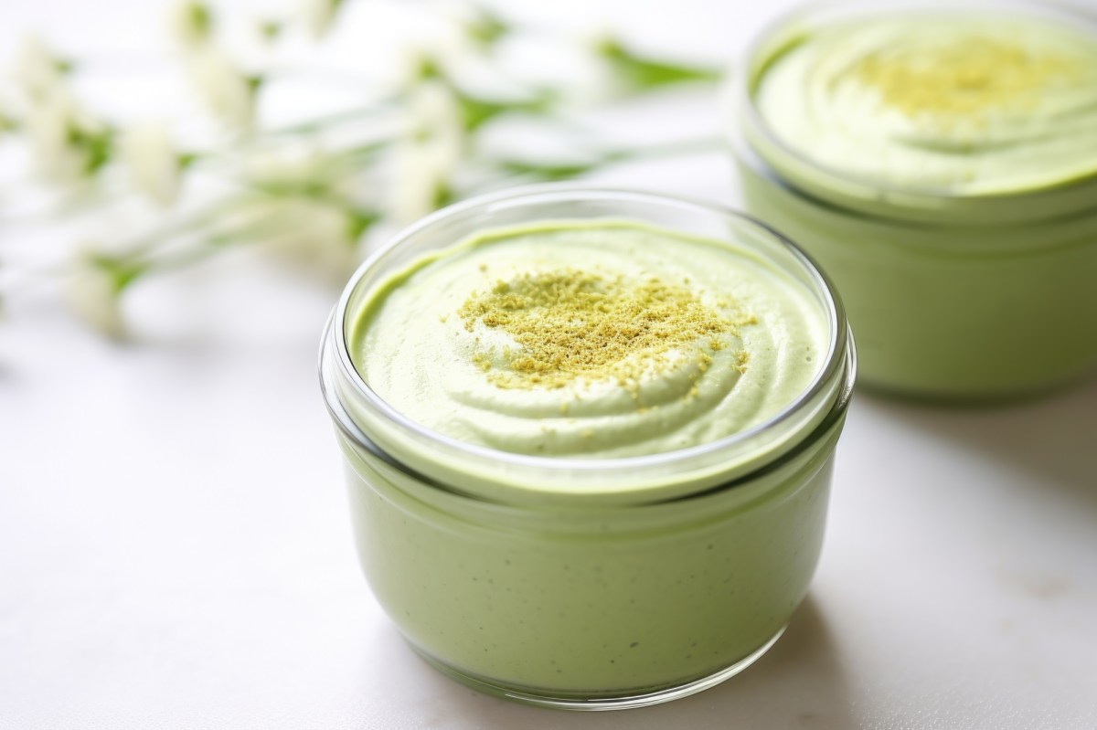 Ein kleines Dessertglas mit veganer Matcha-WeiÃŸe-Schokolade-Mousse getoppt mit etwas Matcha-Pulver. In Hintergrund sind verschwommen ein weiteres befÃ¼lltes Dessertglas sowie einige Pflanzenstiele erkennbar.