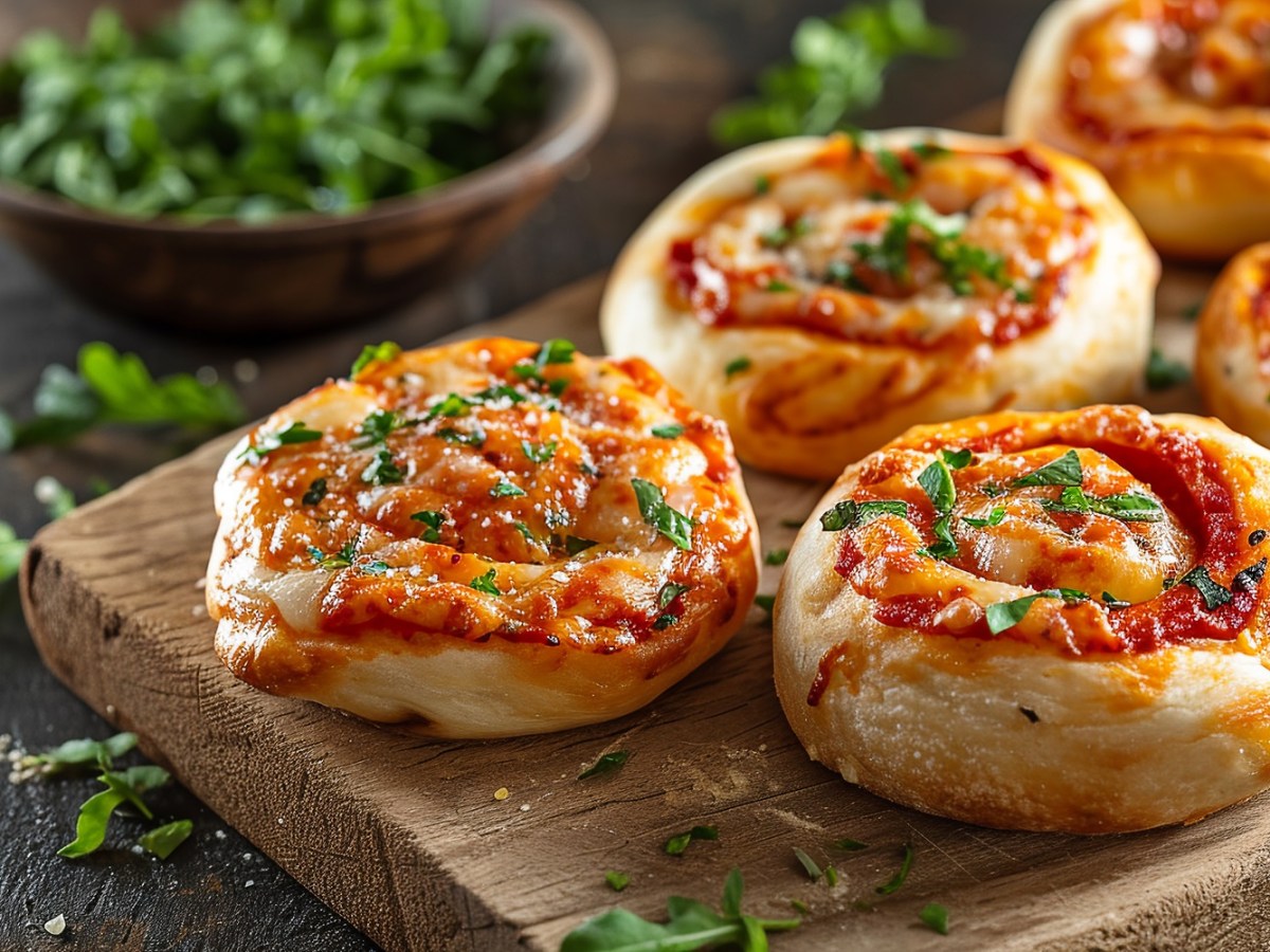 Ein Brett mit veganen Pizzaschnecken bestreut mit Kräutern.