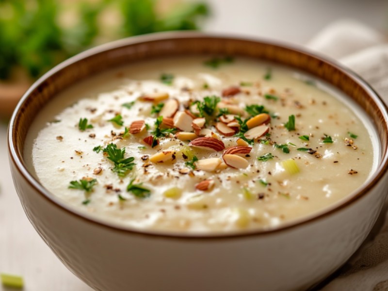 Eine Schüssel vegane Selleriesuppe mit Mandeln und Petersilie.