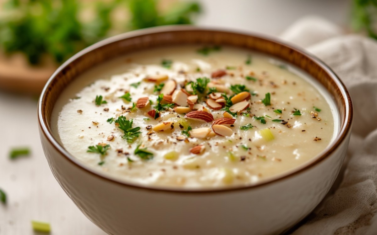 Eine SchÃ¼ssel vegane Selleriesuppe mit Mandeln und Petersilie.