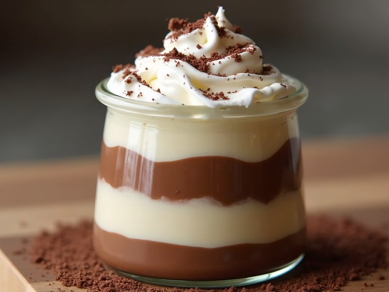 Ein Dessertglas mit veganem Monte mit SahnehÃ¤ubchen und feinen Schokoraspeln. Ringsum das Glas liegt Kakopulver verstreut.