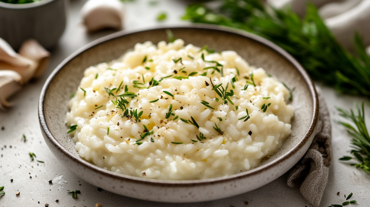 Veganes Risotto auf einem tiefen Teller.