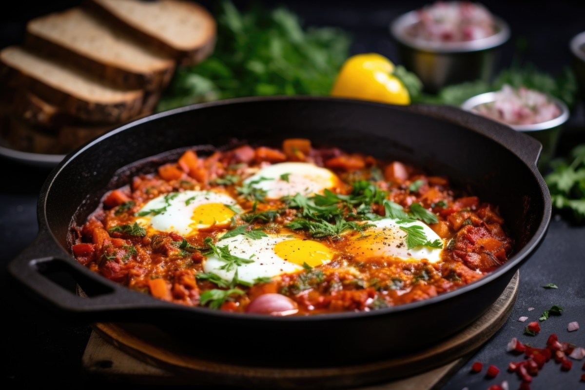 Eine Pfanne veganes Shakshuka mit Petersilie.