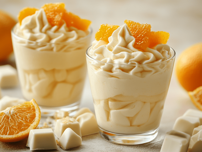 Zwei GlÃ¤ser weiÃŸe Schoko-Orangen-Mousse garniert mit Orangenscheiben. Drumherum weiÃŸe SchokostÃ¼cke und Orangen.