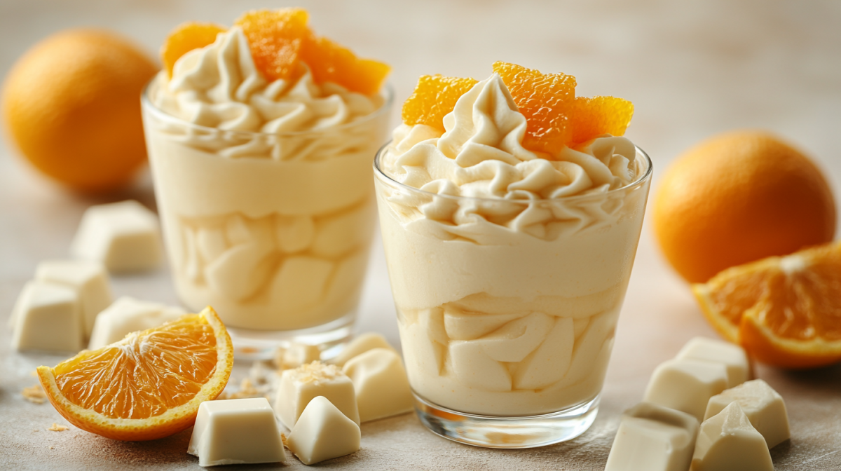 Zwei GlÃ¤ser weiÃŸe Schoko-Orangen-Mousse garniert mit Orangenscheiben. Drumherum weiÃŸe SchokostÃ¼cke und Orangen.