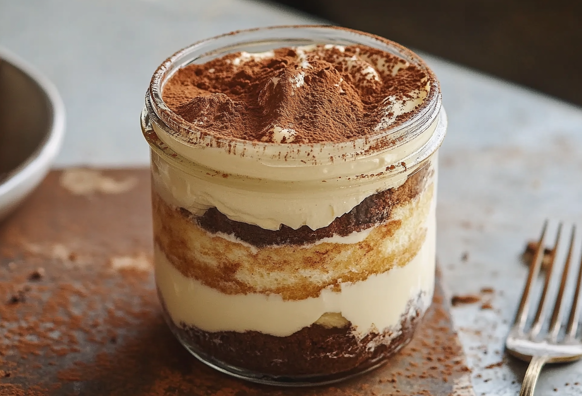 Ein Glas Zimtschnecken-Tiramisu. Daneben liegt eine Gabel.