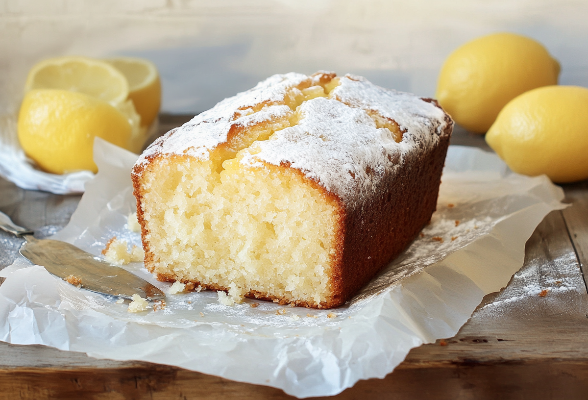 Ein Zitronen-Kastenkuchen mit Puderzucker verziert auf Backpapier, im Hintergrund einige Zitronen.