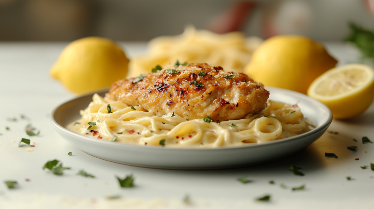 Ein Teller Zitronenpasta mit HÃ¤hnchen, drumherum Zitronen und KrÃ¤uter.