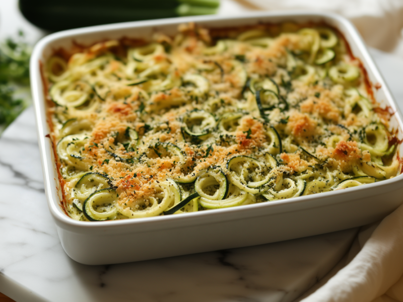 Zoodle-Auflauf mit Pesto in einer weiÃŸen Auflaufform. Die Form steht auf einer weiÃŸen Marmorplatte. Hinten links liegen zwei Zucchinis. Auf der rechten Seite des Bildes liegt ein weiÃŸes Tuch.