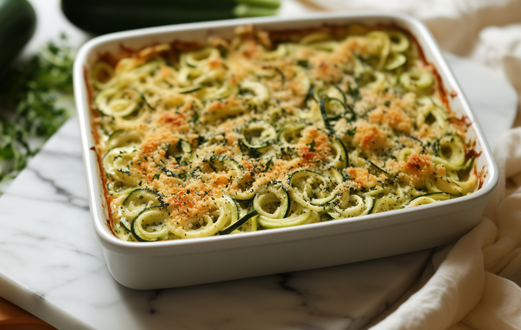 Zoodle-Auflauf mit Pesto in einer weiÃŸen Auflaufform. Die Form steht auf einer weiÃŸen Marmorplatte. Hinten links liegen zwei Zucchinis. Auf der rechten Seite des Bildes liegt ein weiÃŸes Tuch.