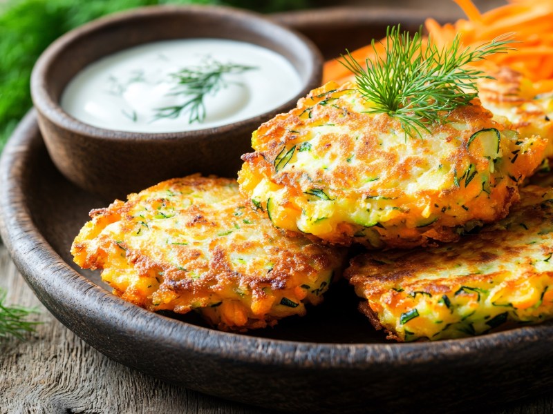 FÃ¼nf Zucchini-Dill-Bratlinge liegen auf einem dunklen Teller. Sie sind mit frischem Dill dekoriert. Auf dem Teller steht auÃŸerdem eine Schale mit Joghurt-Dill-Dip, im Hintergrund liegen geraspelte MÃ¶hrenstreifen.