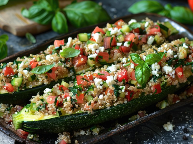 Zucchinibooteboote mit Quinoa und Feta liegen auf einem dunkelbraunen Holztablett. Sie sind neben dem Quinoa auch mit frischen Tomaten, Spinat und dem Zucchinifleisch gefÃ¼llt. Auf ihnen liegen ein paar BasilikumblÃ¤tter. Im Hintergrund sieht man weitere BasilikumblÃ¤tter sowie hinten links eine Schale Wasser und hinten rechts noch eine Tomate.