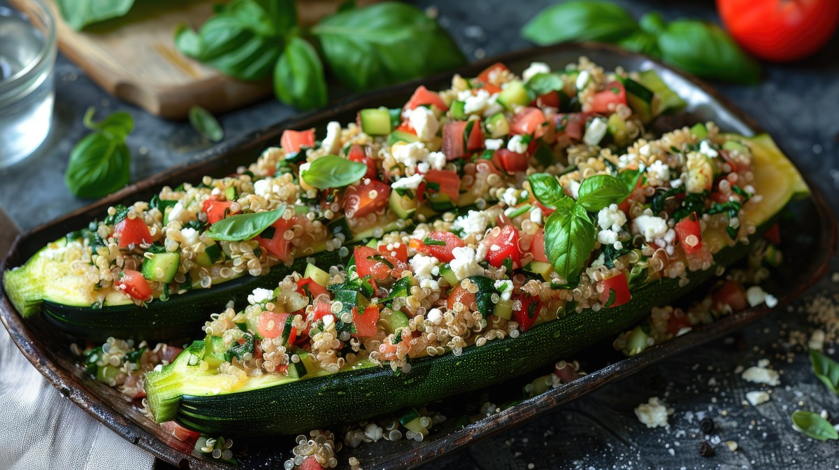 Zucchinibooteboote mit Quinoa und Feta liegen auf einem dunkelbraunen Holztablett. Sie sind neben dem Quinoa auch mit frischen Tomaten, Spinat und dem Zucchinifleisch gefÃ¼llt. Auf ihnen liegen ein paar BasilikumblÃ¤tter. Im Hintergrund sieht man weitere BasilikumblÃ¤tter sowie hinten links eine Schale Wasser und hinten rechts noch eine Tomate.