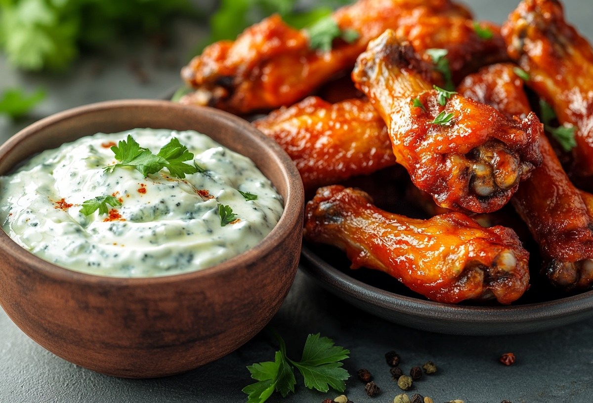 Eine Holzschale Blauschimmelkäse-Dip neben einem Teller Chicken Wings, Nahaufnahme.