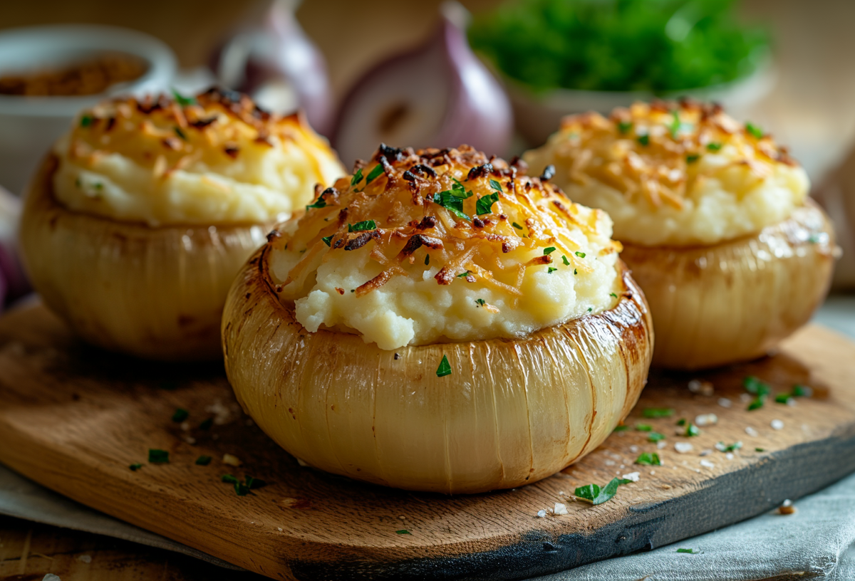 Drei gefüllte Zwiebeln mit Bergkäse liegen auf einem Holzbrett. Sie sind mit Stampfkartoffeln und Käse gefüllt. Im Hintergrund liegen noch weitere Zwiebeln, frische Kräuter und Knoblauch.