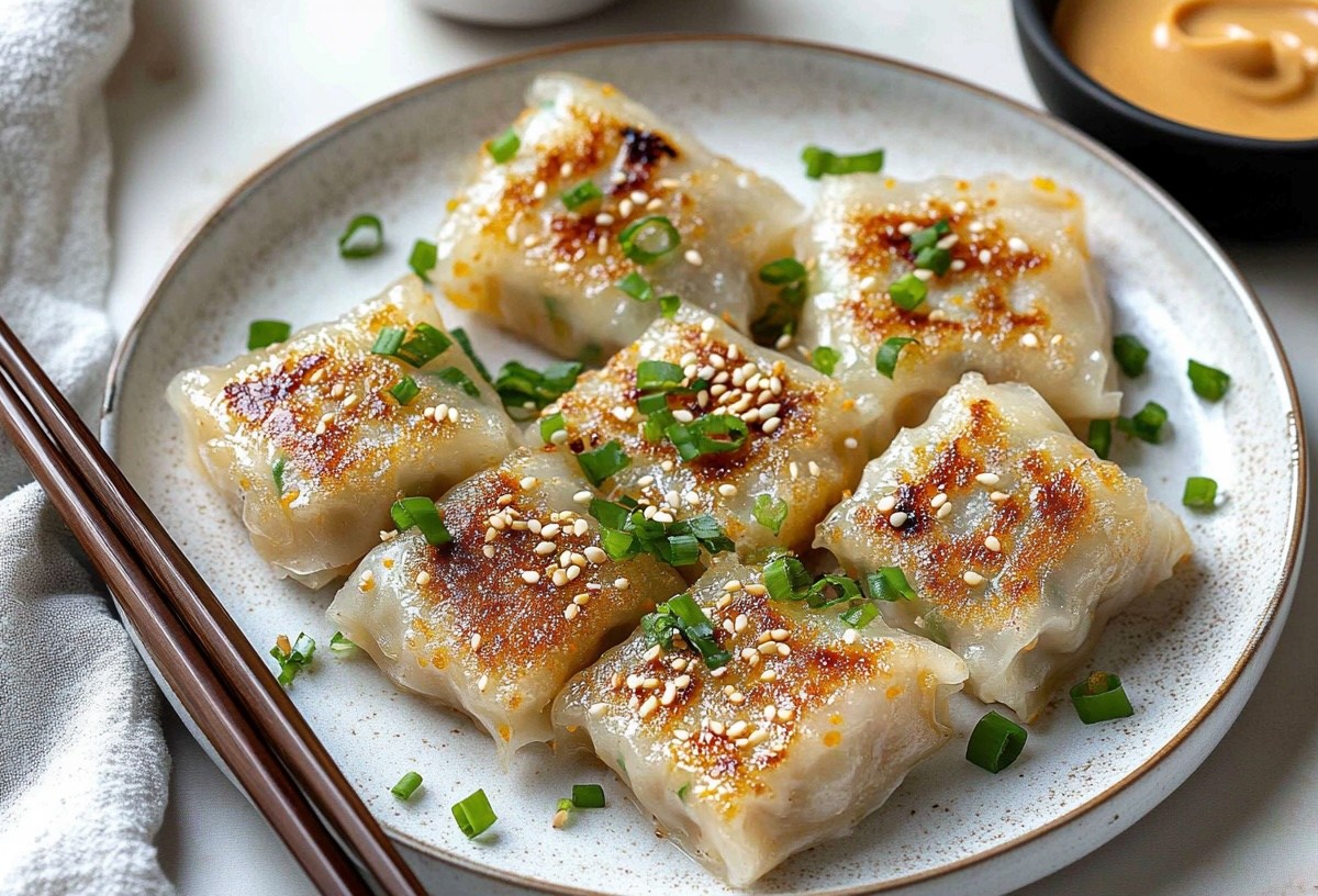 mehrere Reispapier-Dumplings auf einem Teller, bestreut mit Sesam und Frühlingszwiebeln, daneben Essstäbchen und eine Schale Erdnusssoße.