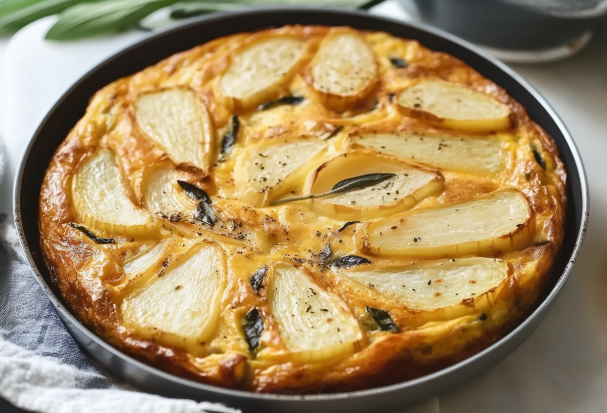 Sellerie-Frittata in einer Pfanne. Sie ist mit einigen Salbeiblätter garniert. Im Hintergrund sieht man noch einen frischen Salbeizweig liegen.