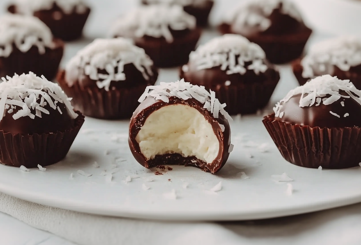 Vegane Oreo-Pralinen stehen auf einer weißen, flachen Unterlage. Sie sind mit Kokosraspeln bestreut.