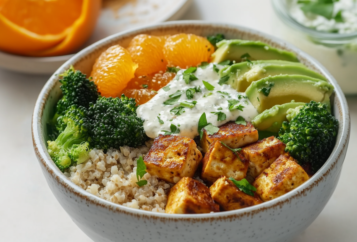 Eine Bulgur Tofu Bowl auf einem weißen Tisch. Im Hintergrund sieht man noch eine geschnitten orange und rechts daneben ein Glas mit weiterem Dressing.