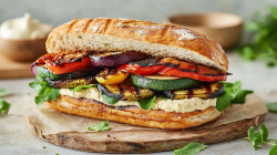 Ein Holzbrett auf dem ein Grillgemüse-Sandwich liegt, das mit Hummus bestrichen und mit etwas Rucola sowie gegrillter Aubergine, Zucchini und Paprika belegt ist. Um das Sandwich liegen vereinzelt Rucolablätter und frische Kräuter. Im Hintergrund ist eine Schale mit Hummus und eine leere Holzschale zu erkennen, genauso wie mehr frische Kräuter.