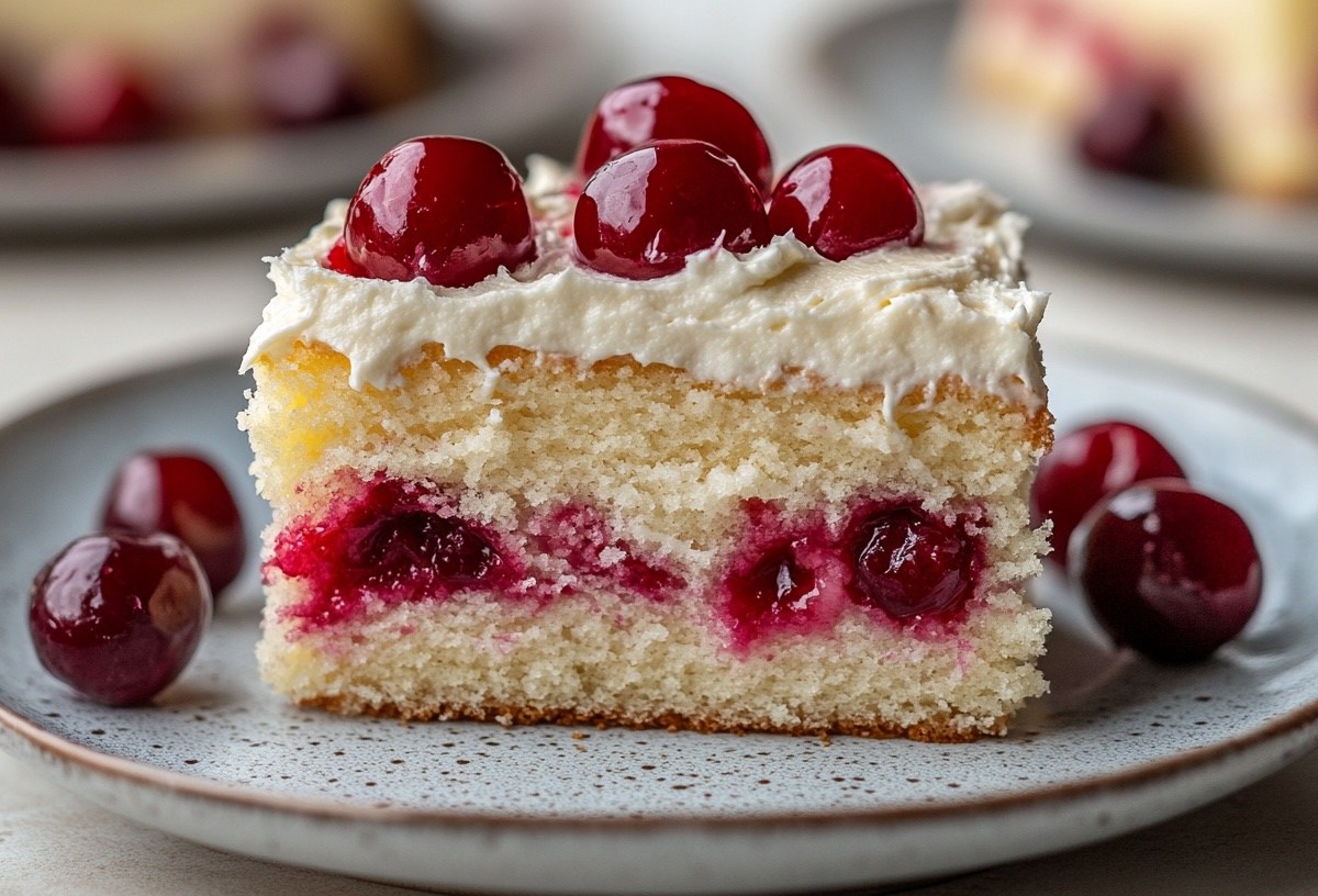 Ein Stück Kokos-Kirsch-Kuchen mit Sahnehaube auf einem Teller, garniert mit Kirschen. Im Hintergrund unscharf mehr Kuchen.