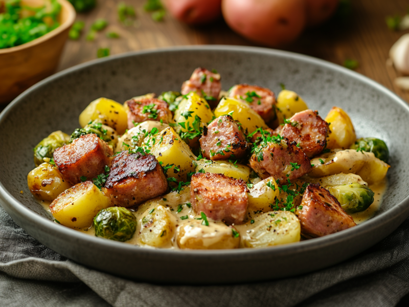 Ein dunkelgrauer Teller mit einer Portion Leberkäse-Pfanne mit Rosenkohl und Kartoffeln, die mit etwas frischer gehackter Petersilie garniert ist. Der Teller steht auf einem grauen Küchenhandtuch. Im Hintergrund sind verschwommen Kartoffeln und einzelne Knoblauchzehen angedeutet. Außerdem steht eine Schale mit gehackten Kräutern da.