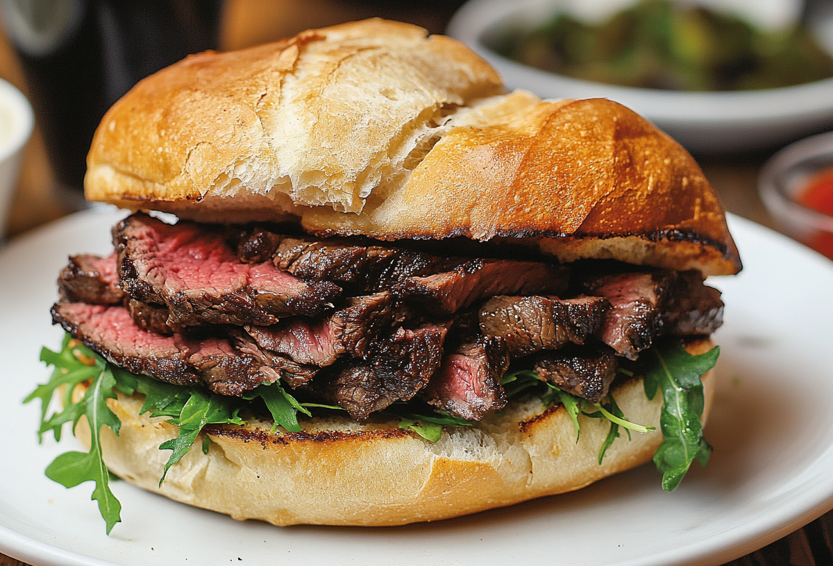 Prego: Portugiesisches Steak-Sandwich auf einem weißen Teller.