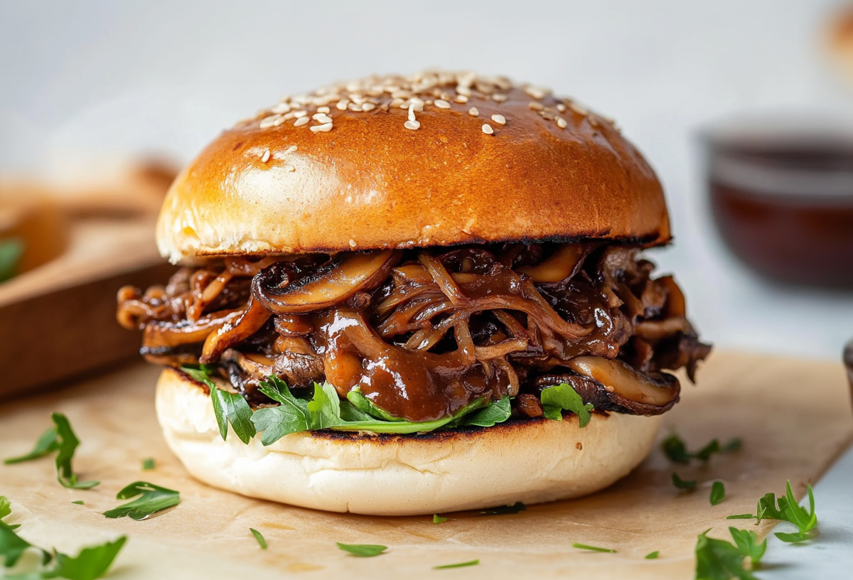 Ein Pulled-Mushroom-Burger steht auf einem dünnen Holzbrett. Um ihn herum liegt etwas gezupfter Rucola. im Hintergrund sieht man eine Tomate sowie verschiedene Soßen.