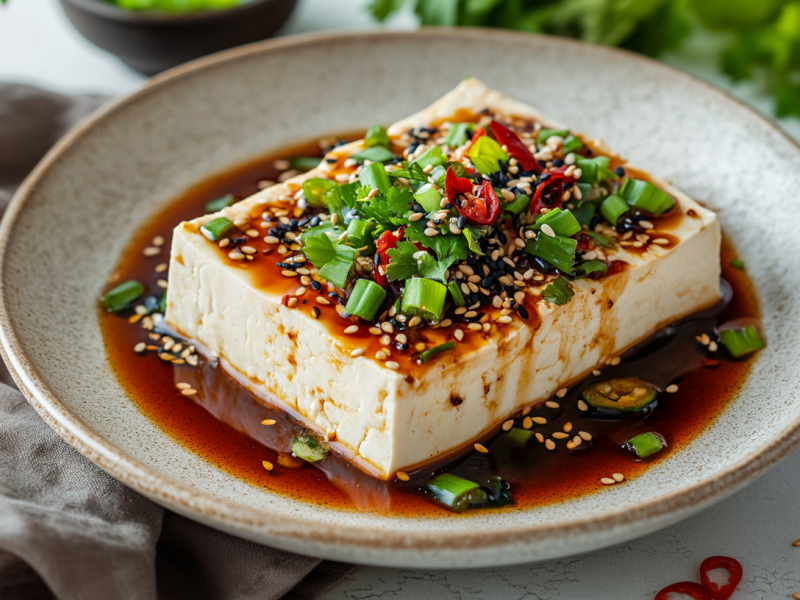 Eine Portion Seidentofu mit Chili und Sojasoße auf einer flachen Schale. Im Hintergrund liegen weitere frische Kräuter, links neben der Schale ein graues Tuch. Rechts unten vor der Schale sieht man noch ein paar Ringe einer Chilischote sowie einige Sesamkörner.