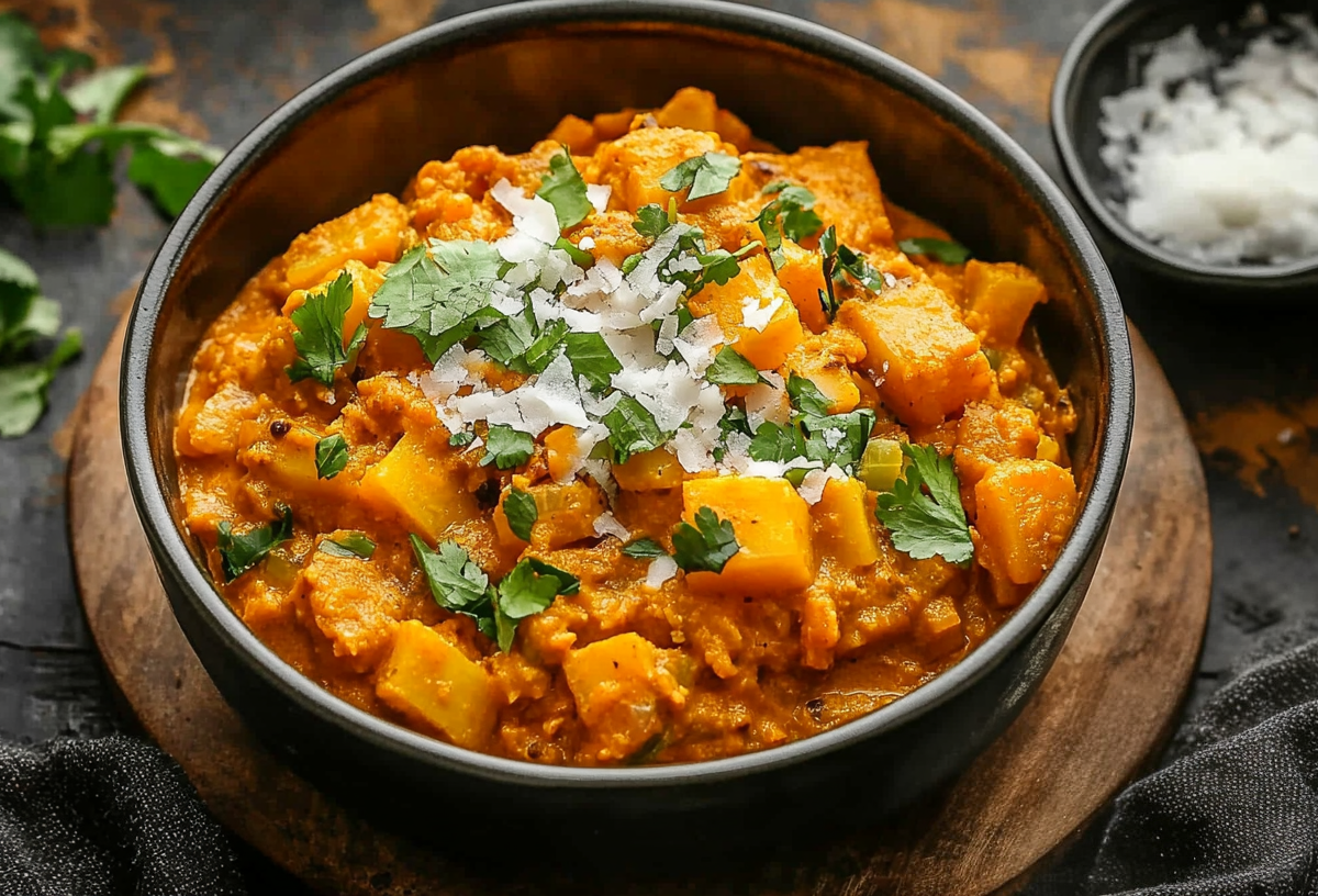 Steckrüben-Curry in einer dunklen Schüssel, garniert mit Koriander und Kokosflocken.