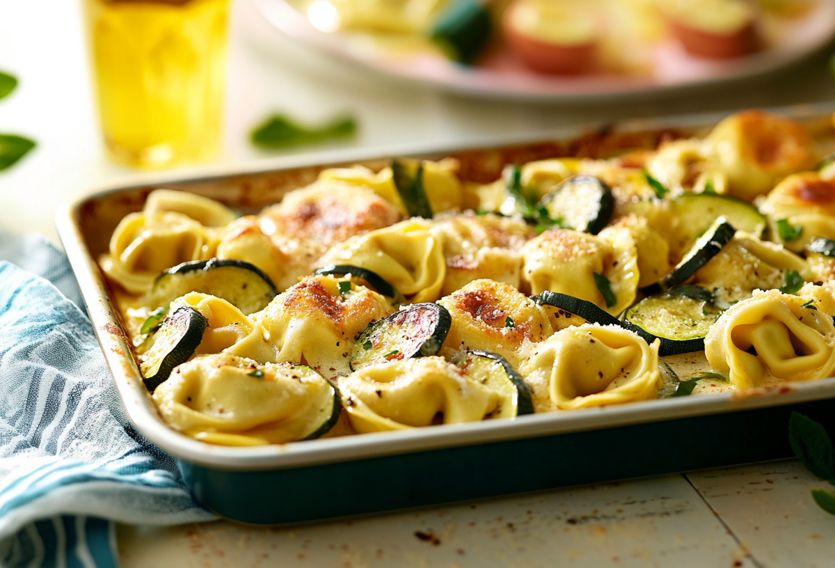 Tortelloni vom Blech auf einem schmalen Backblech. Sie sind mit Zucchinischeiben zubereitet. Links unterhalb des Blechs liegt ein Tuch. Im Hintergrund steht eine Flasche Öl.