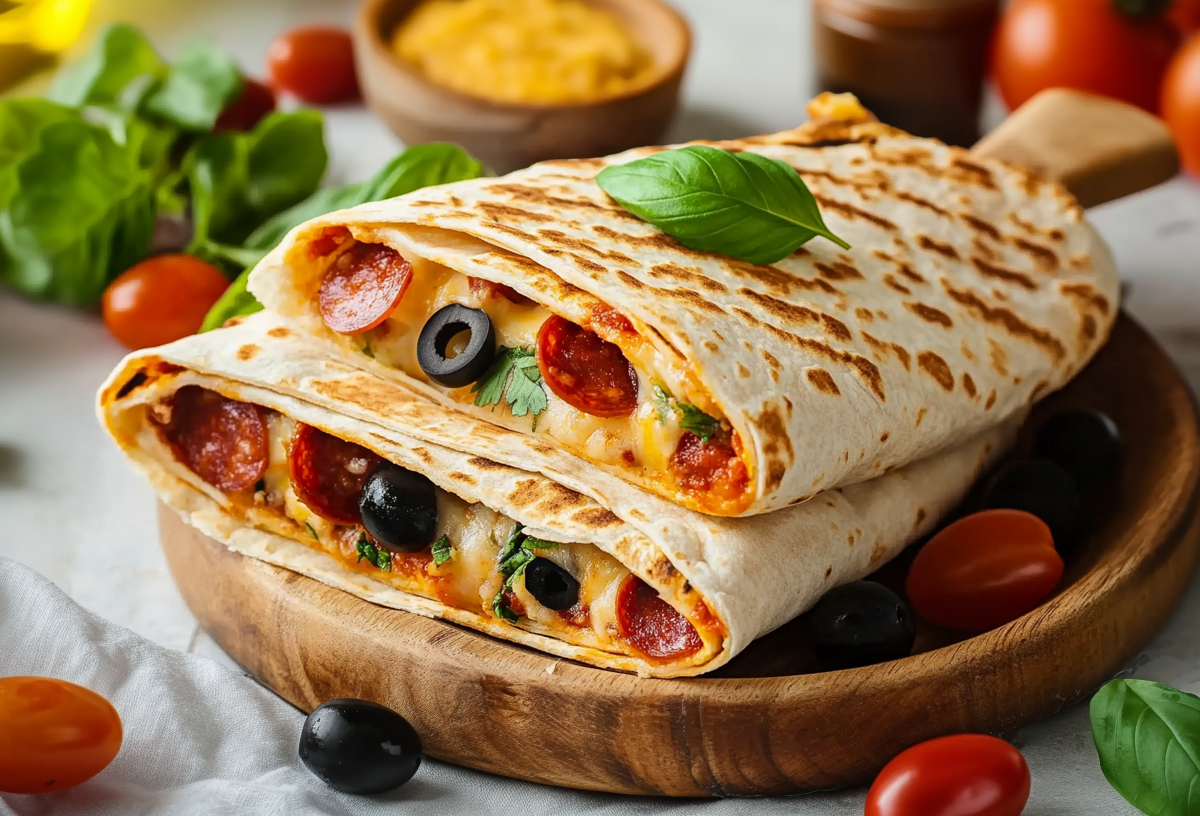 Zwei Tortilla-Pizzataschen liegen aufgeschnitten in einer Holzschale. Sie sind mit Salamischeiben, Oliven und frischen Kräutern gefüllt. Um sie herum liegen Tomaten und Oliven verteilt. Im Hintergrund sieht man frisches Basilikum und eine Schale mit geriebenem Cheddar.