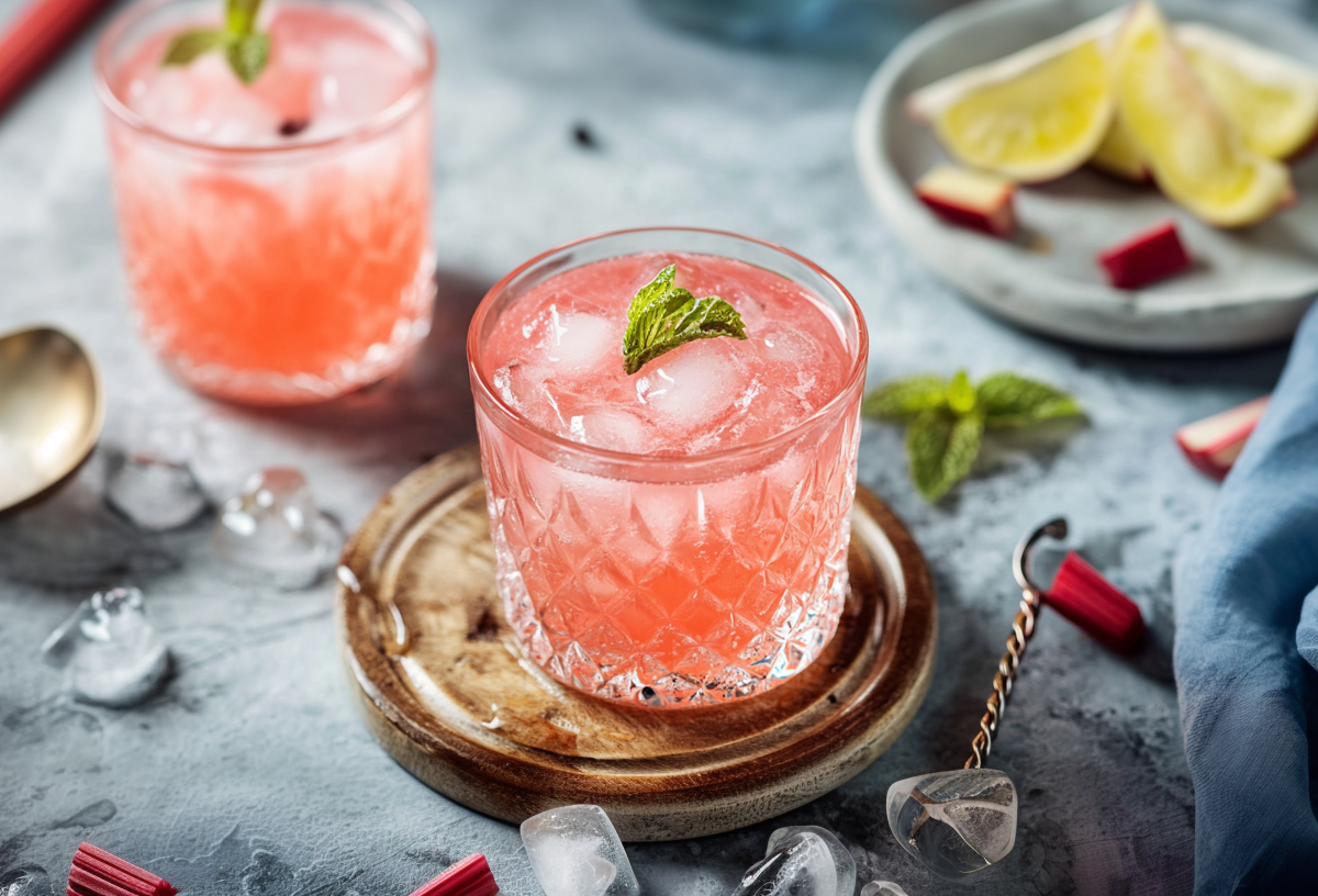 Zwei Gläser Wodka Sour mit Rhabarbersirup stehen auf einem Tisch. Sie sind umgeben von schmelzenden Eiswürfeln und Rhabarberstücken. Rechts im Bild ist noch ein Teller mit Zitronenspalten.